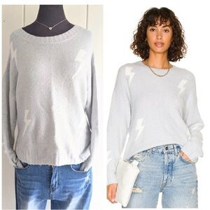 Rails Perci Lightning Bolt Sweater Grey White Cashmere Blend Crew Neck Small